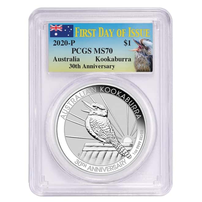2020 1 oz Silver Australian Kookaburra Perth Mint PCGS MS 70 FDOI (30th Ann. Kookaburra Label)
