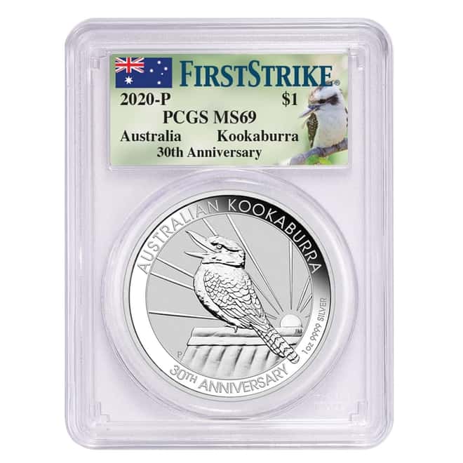 2020 1 oz Silver Australian Kookaburra Perth Mint PCGS MS 69 FS (30th Ann. Kookaburra Label Green)