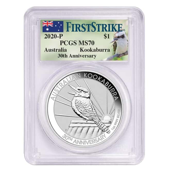 2020 1 oz Silver Australian Kookaburra Perth Mint PCGS MS 70 FS (30th Ann. Kookaburra Label Green)