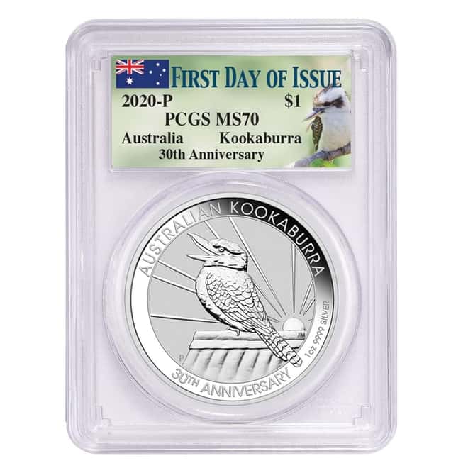 2020 1 oz Silver Australian Kookaburra Perth Mint PCGS MS 70 FDOI (30th Ann. Kookaburra Label Green)