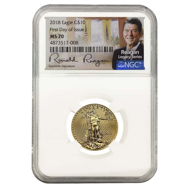 2018 1/4 oz $10 Gold American Eagle NGC MS 70 FDOI (Ronald Reagan Facsimile Sign)