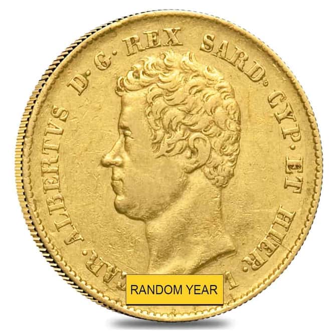 Italian States Sardinia Gold 20 Lire Charles Albert AGW 0.1866 oz Avg Circ (Random Year, 1831-1849)