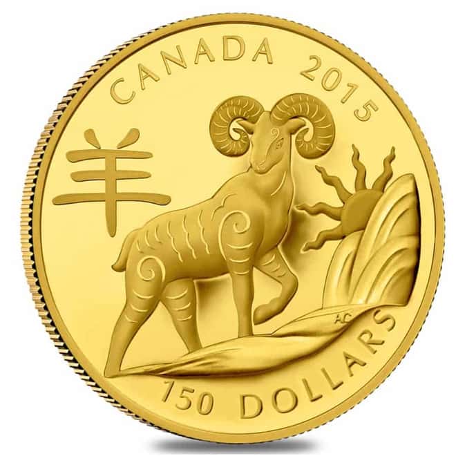 2015 $150 Canadian Year of the Sheep Proof Gold Coin AGW .2855 oz (w/Box & COA)