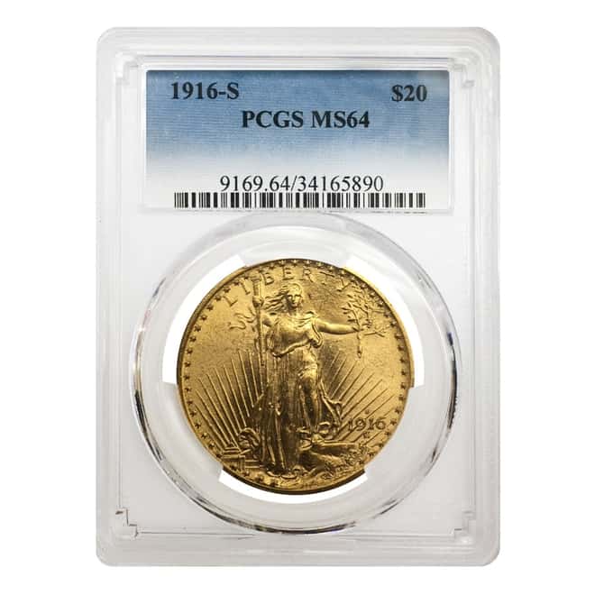 1916 S $20 Gold Saint Gaudens Double Eagle Coin PCGS MS 64