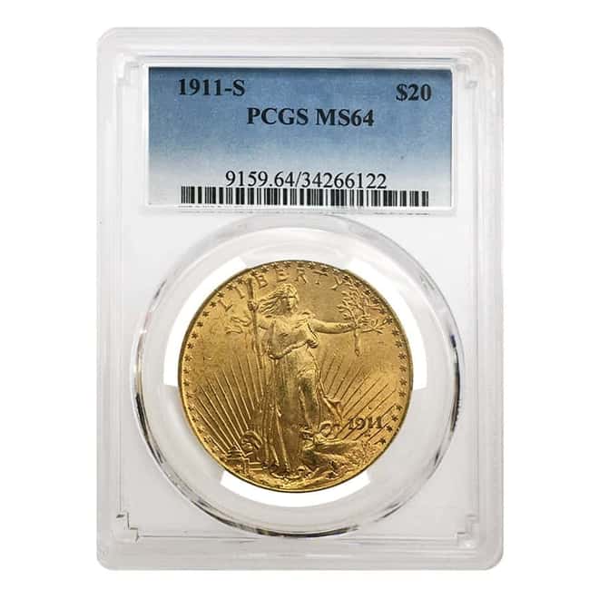 1911 S $20 Gold Saint Gaudens Double Eagle Coin PCGS MS 64