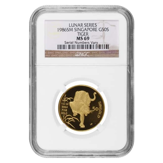 1986 1/2 oz Singapore 50 Singold Year of the Tiger Gold Coin NGC MS 69