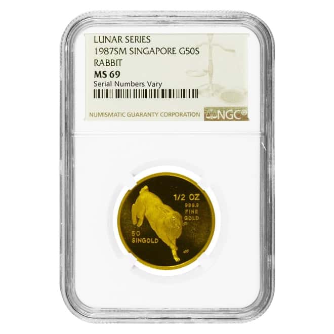 1987 1/2 oz Singapore 50 Singold Year of the Rabbit Gold Coin NGC MS 69