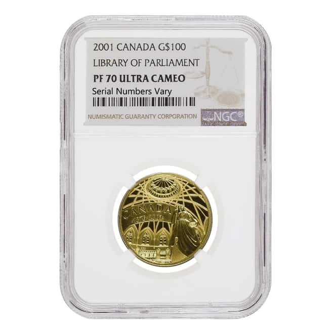 2001 1/4 oz Canadian Gold Library of Parliament $100 Coin NGC PF 70