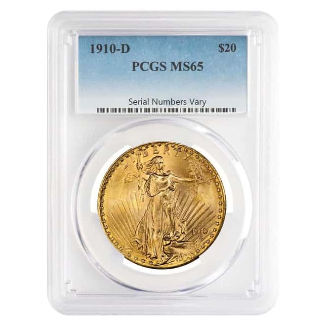 1910 D $20 Gold Saint Gaudens Double Eagle Coin PCGS MS 65