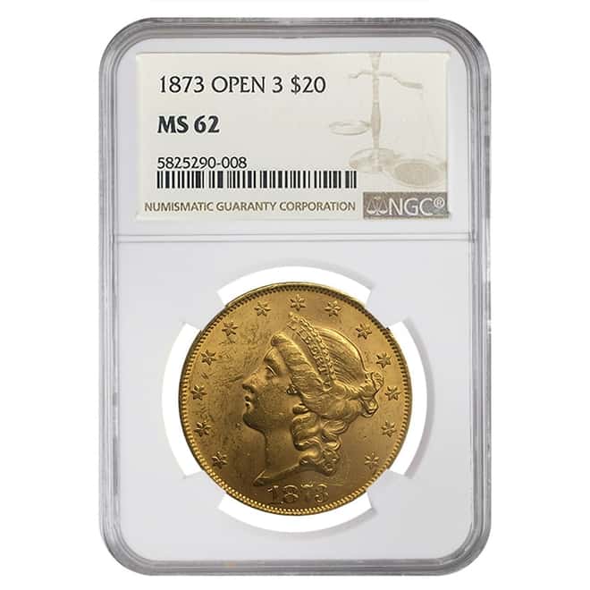 1873 $20 Open 3 Liberty Head Double Gold Eagle Coin NGC MS 62