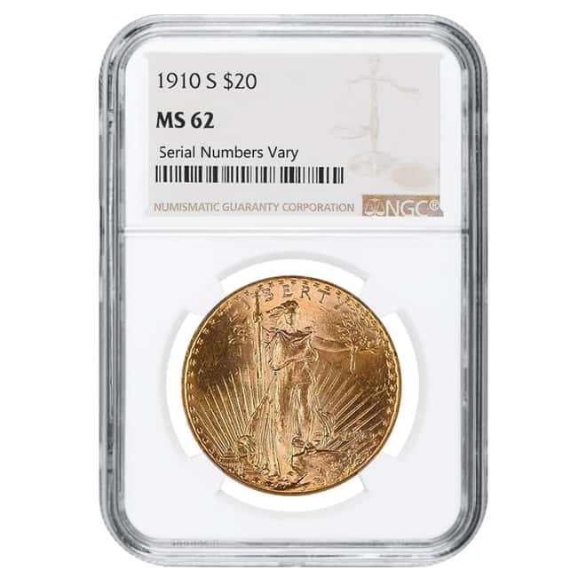 1910 S $20 Gold Saint Gaudens Double Eagle Coin NGC MS 62