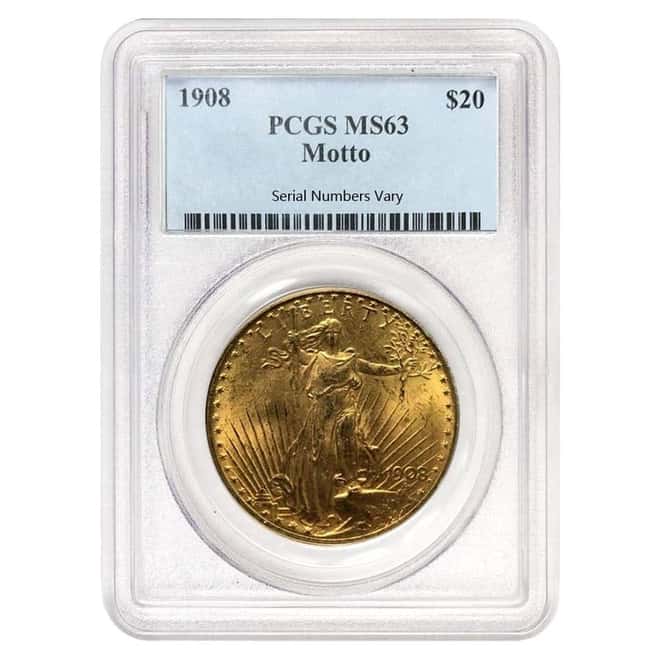 1908 $20 Gold Saint Gaudens Double Eagle Motto PCGS MS 63