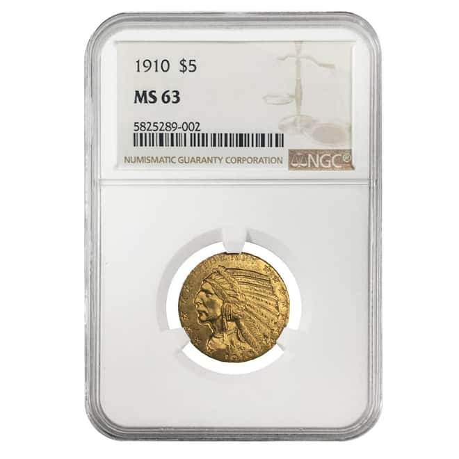 1910 $5 Indian Head Half Eagle Gold Coin NGC MS 63