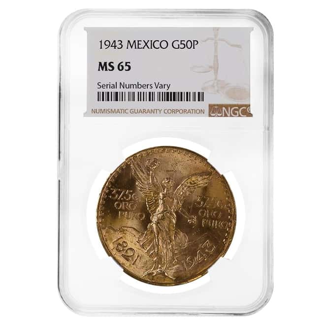 1943 Mexico 50 Pesos Gold Coin NGC MS 65