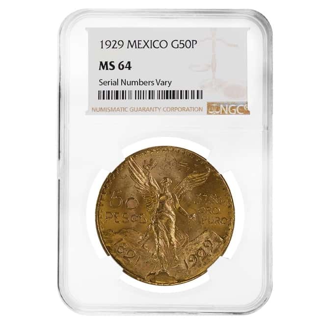 1929 Mexico 50 Pesos Gold Coin NGC MS 64