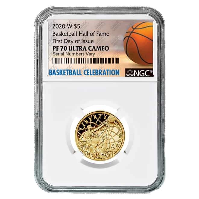 2020 W $5 Gold Basketball Hall of Fame Proof Coin NGC PF 70 UCAM FDOI (Basketball Label)