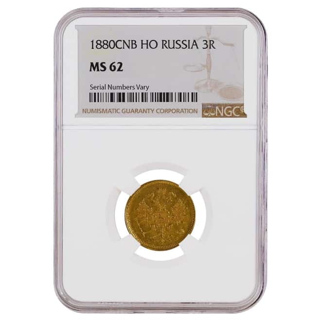 1880 Russia 3 Roubles Gold Coin NGC MS 62