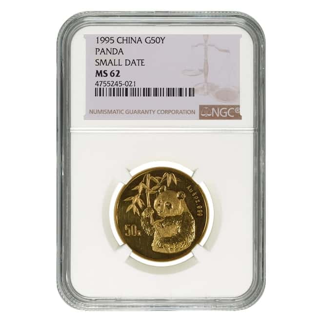 1995 1/2 oz Chinese Gold Panda 50 Yuan Small Date NGC MS 62
