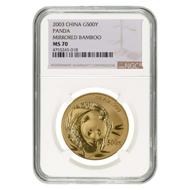 2003 1 oz Chinese Gold Panda 500 Yuan Mirrored Bamboo NGC MS 70