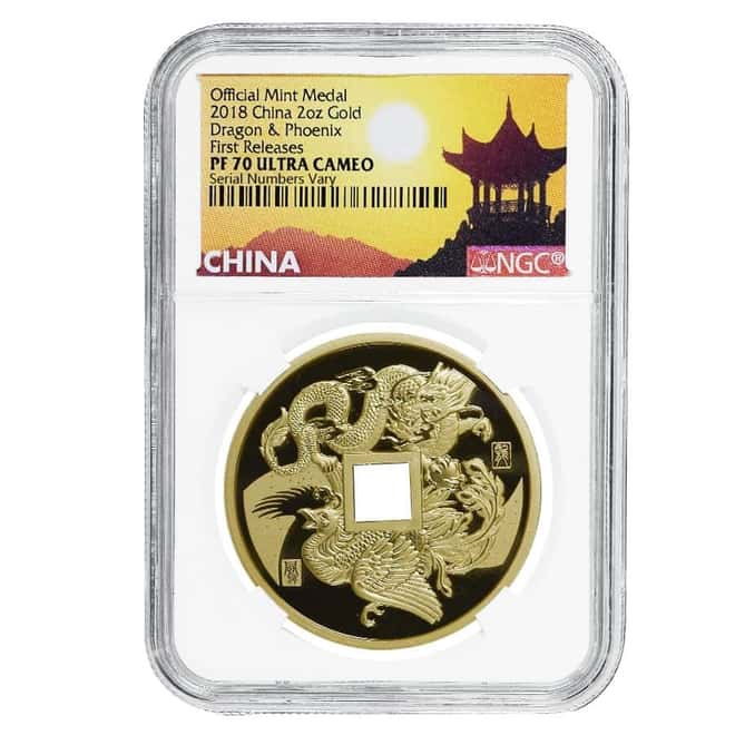 2018 2 oz Proof Gold Chinese Dragon and Phoenix Official Mint Medal NGC PF 70 UC FR