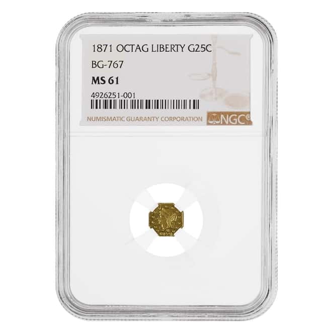 1871 Gold Liberty Head California Gold Octagonal 25C 1/4 Dollar BG-767 NGC MS 61