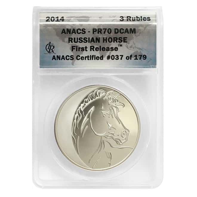 2014 Russia 1 oz Proof Silver Horse 3 Roubles ANACS PF 70