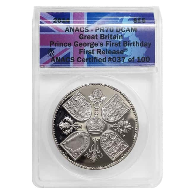 2014 Great Britain Prince George's First Birthday 5 Pound Proof Silver Coin ANACS PF 70