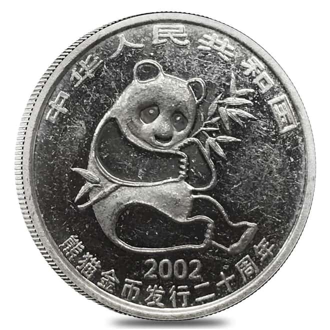 2002 1/10 oz Platinum Chinese Panda 100 Yuan 20th Anniv Commemorative (Scruffy)