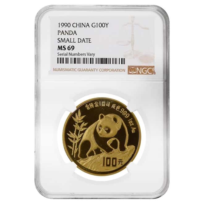 1990 1 oz Chinese Gold Panda 100 Yuan Small Date NGC MS 69