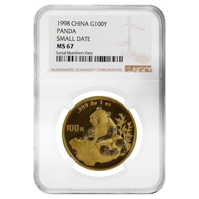1998 1 oz Chinese Gold Panda 100 Yuan Small Date NGC MS 67