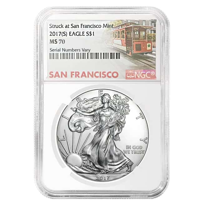 2017 (S) 1 oz Silver American Eagle $1 Coin NGC MS 70 (Trolley Label)