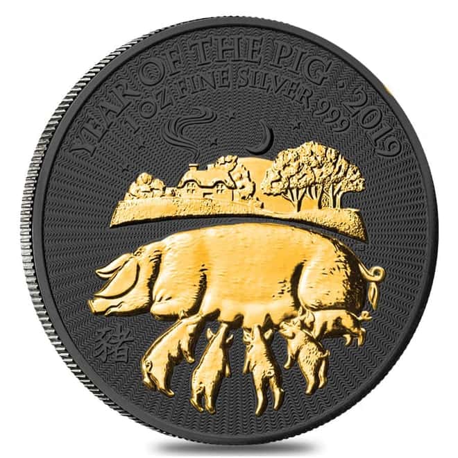 2019 Great Britain 1 oz Silver Year of the Pig Coin .999 Fine Black Ruthenium 24K Gold Edition (w/Box & COA)