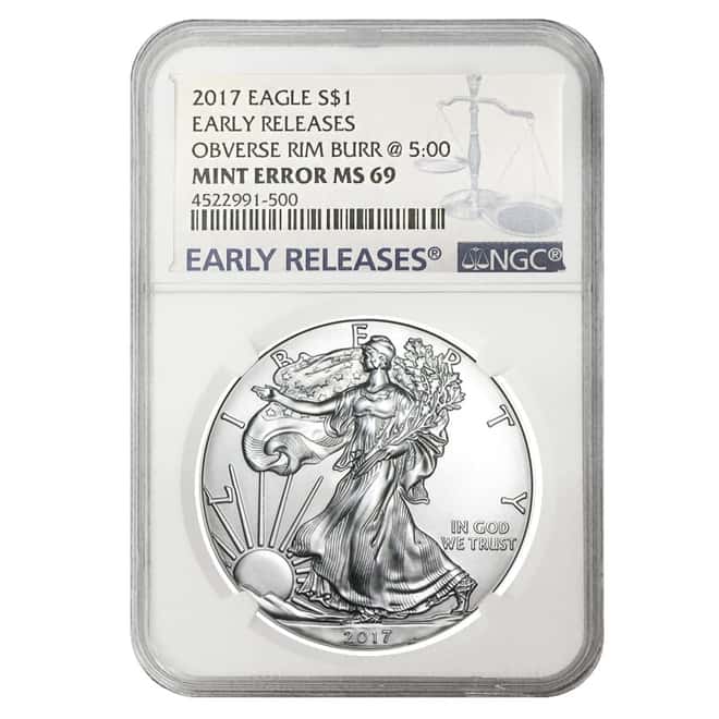 2017 1 oz Silver American Eagle $1 Coin NGC MS 69 ER Mint Error (Obverse Rim Burr)