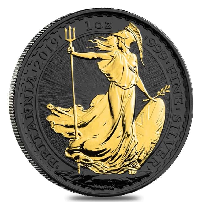 2019 Great Britain 1 oz Silver Britannia Coin .999 Fine Black Ruthenium 24K Gold Edition (w/Box & COA)