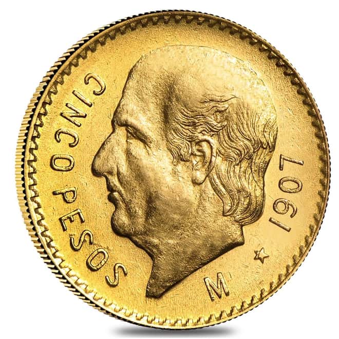1907 Mexico 5 Pesos Gold Coin Avg Circ AGW .1206 oz