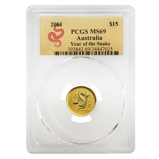 2001 1/10 oz Gold Lunar Year of The Snake Australia Perth Mint PCGS MS 69