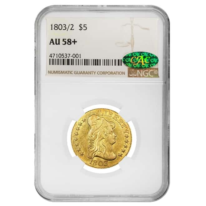 1803/2 $5 Draped Bust Half Eagle Gold Coin NGC AU 58+ CAC