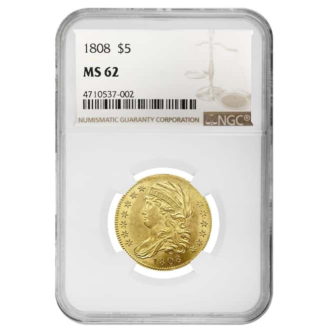 1808 $5 Capped Bust Half Eagle Gold Coin NGC MS 62