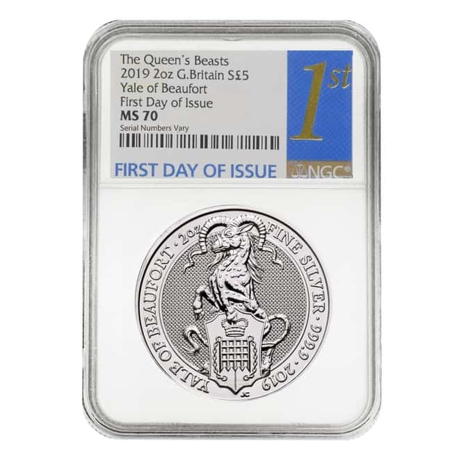2019 Great Britain 2 oz Silver Queen's Beasts (Yale) Coin NGC MS 70 FDOI