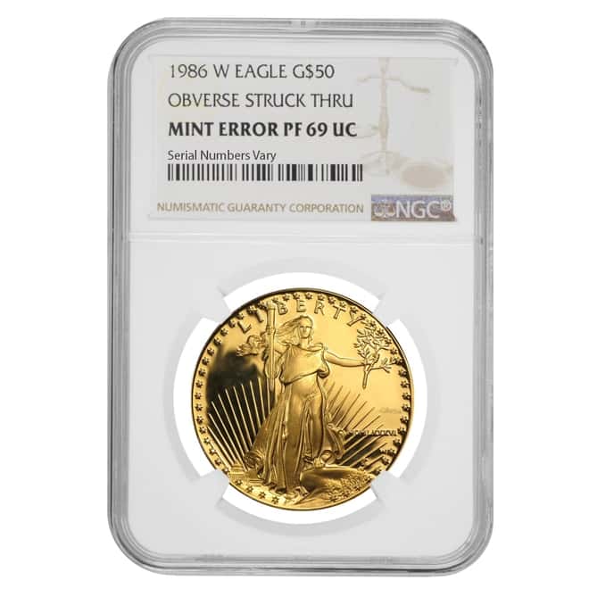 1986 W 1 oz $50 Proof Gold American Eagle NGC PF 69 UCAM Mint Error (Obv Struck Thru) 