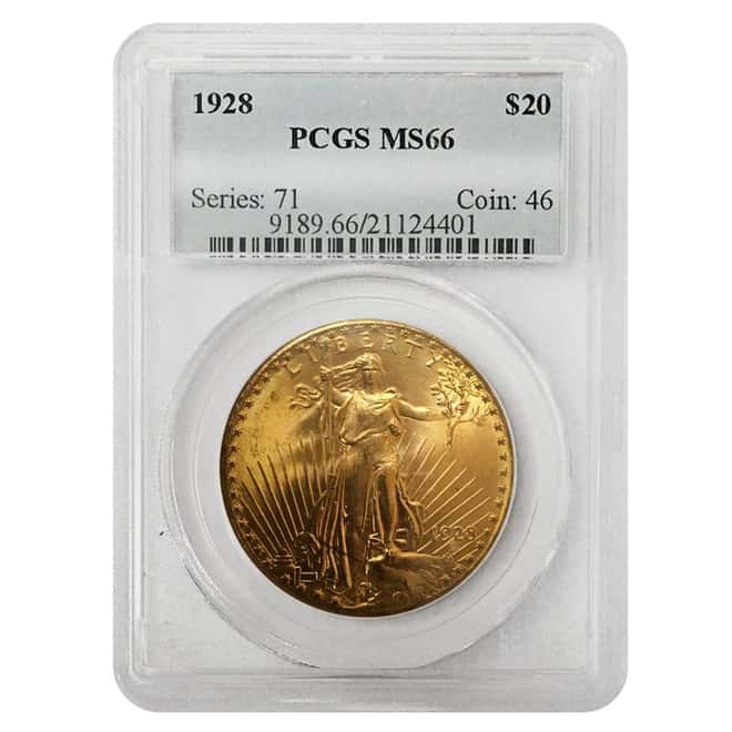 1928 $20 Gold Saint Gaudens Double Eagle Coin PCGS MS 66