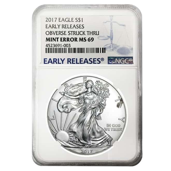 2017 1 oz Silver American Eagle NGC MS 69 ER Mint Error (Obverse Struck Thru) #3
