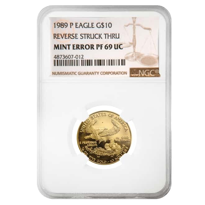 1989 P 1/4 oz $10 Proof Gold American Eagle NGC PF 69 UCAM Mint Error (Rev Struck Thru)