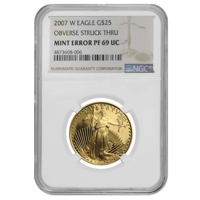 2007 W 1/2 oz $25 Proof Gold American Eagle NGC PF 69 UCAM Mint Error (Obv Struck Thru)