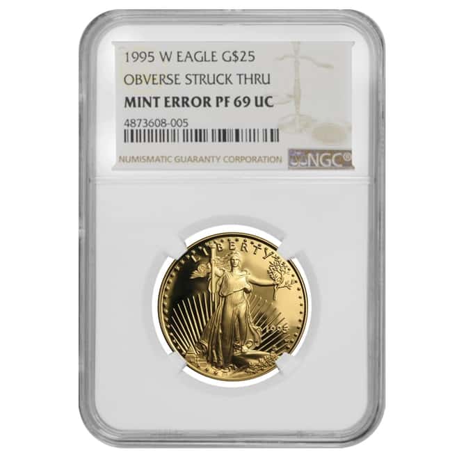 1995 W 1/2 oz $25 Proof Gold American Eagle NGC PF 69 UCAM Mint Error (Obv Struck Thru)