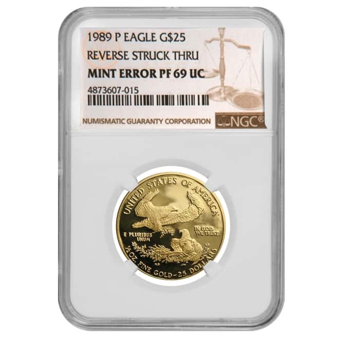 1989 P 1/2 oz $25 Proof Gold American Eagle NGC PF 69 UCAM Mint Error (Rev Struck Thru)