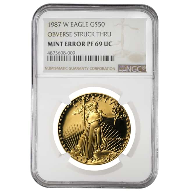 1987 W 1 oz $50 Proof Gold American Eagle NGC PF 69 UCAM Mint Error (Obv Struck Thru)