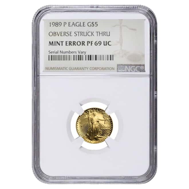 1989 P 1/10 oz $5 Proof Gold American Eagle NGC PF 69 UCAM Mint Error (Obv Struck Thru)