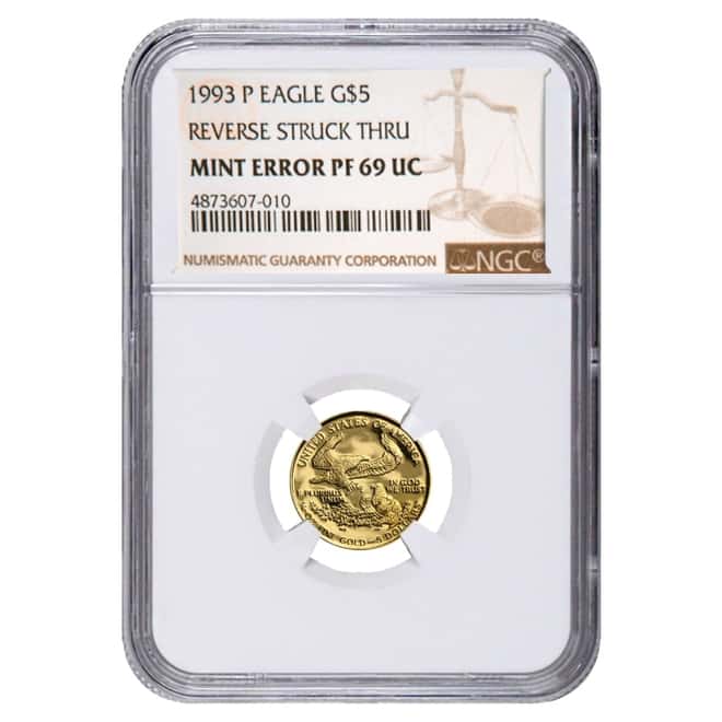 1993 P 1/10 oz $5 Proof Gold American Eagle NGC PF 69 UCAM Mint Error (Rev Struck Thru)