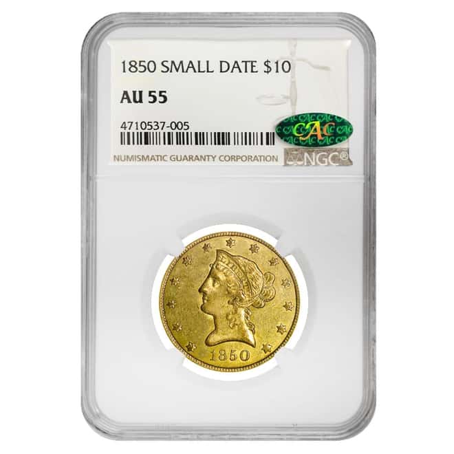 1850 Small Date $10 Liberty Head Gold Eagle Coin No Motto NGC AU 55 CAC